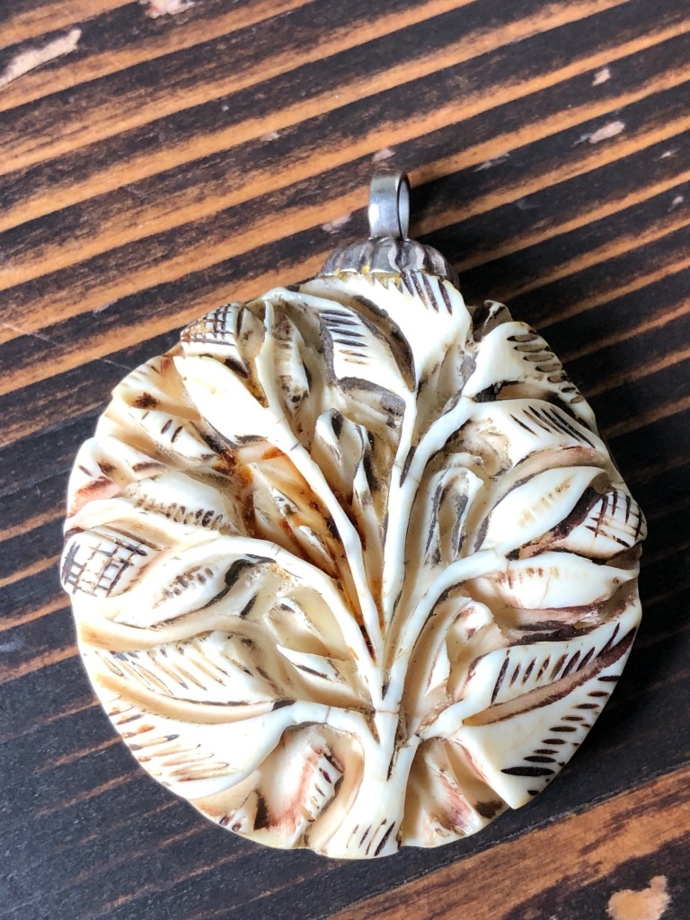 Round Carved Pendant Tree and Silver Bail